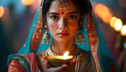 Wall Mural - Indian woman in traditional attire holding an oil lamp during a vibrant celebration of the festival of lights