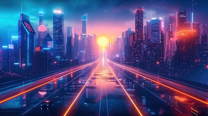 Aufkleber - Neon lights and sleek skyscrapers illuminate a futuristic cityscape. Generative AI.