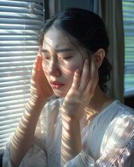 Poster - A young woman sits by a window, her face illuminated by the sun's rays. AI.