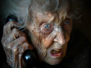 Poster - An old woman's face filled with surprise and shock as she speaks on the phone. AI.