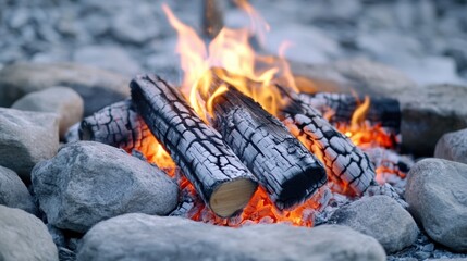 Wall Mural - A fire is burning on a pile of rocks and logs, AI