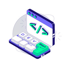 small mini keyboard with programming inscription dev. developer concept. isometric vector illustrati
