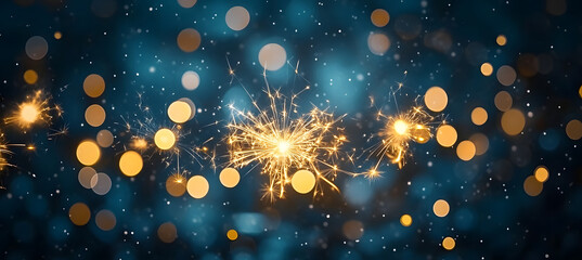 Wall Mural - luminous fireworks and sparklers on rustic dark blue night sky pattern at silvester festival party n