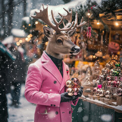 Reindeer in pink suit buying ornaments on Christmas market in snowy evening