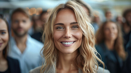 Aufkleber - Pretty woman entrepreneur smiling, confident, happy, standing above from the crowd. Generative AI.