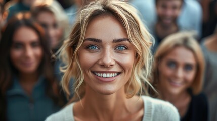 Aufkleber - Pretty woman entrepreneur smiling, confident, happy, standing above from the crowd. Generative AI.