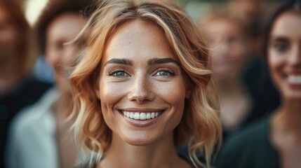 Aufkleber - Pretty woman entrepreneur smiling, confident, happy, standing above from the crowd. Generative AI.