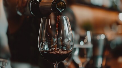 Pouring red wine into the glass against a rustic background. Pour alcohol, winery concept.