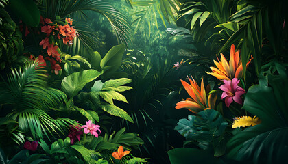 A lush jungle scene with vibrant green leaves and exotic flowers, bringing the warmth of the tropics to your screen