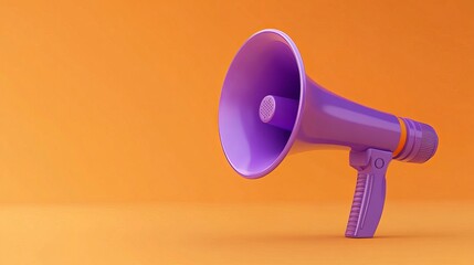 3D illustration of a purple megaphone on an orange background, representing message announcements and commercial communication.