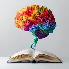 Creative fabric brain over book, merging into human shape on white.