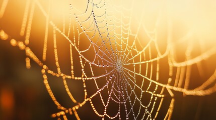 A spider web with dew drops glistening in the morning sun.