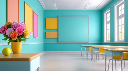 Canvas Print - A classroom with a vase of flowers and desks in the background, AI