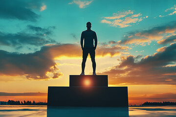 Canvas Print - Athlete on Top Podium at Sunrise Achieving Victory in Sports Arena  