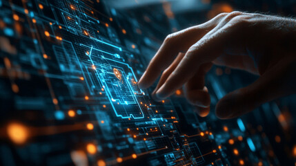 Decentralized technology network concept for Web 3.0, featuring a man analyzing data on a futuristic virtual screen. Emphasizing cutting-edge technology with a Web 3.0 icon displayed in the background