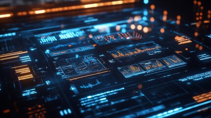 A futuristic display screen with blue and orange data graphs and charts.