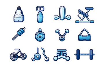 Wall Mural - A series of intricate health and fitness icons featuring equipment and symbols displayed on a flawless white background