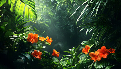 A lush jungle scene with vibrant green leaves and exotic flowers, bringing the warmth of the tropics to your screen