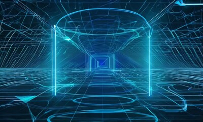 Wall Mural - Digital  Abstract Tunnel:  A futuristic and abstract digital tunnel composed of glowing blue lines and geometric shapes. The tunnel's design suggests a sense of progress, innovation, and the unknown, 