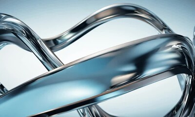 Wall Mural - Abstract Chrome Curves: A mesmerizing abstract composition of flowing, metallic chrome curves against a soft blue background. The interplay of light and shadow creates a sense of depth and movement, i