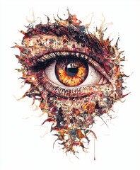 Wall Mural - An intricate eye illustration surrounded by vibrant, abstract elements and textures.