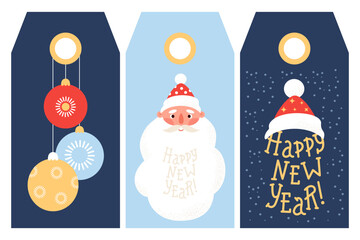 Wall Mural - New Year Holiday Xmas Gift Tags. Cute portrait Santa, Christmas balls and lettering congratulation with hat Claus. Isolated festive vertical cards. Vector illustration