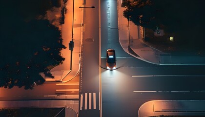 Wall Mural - Nighttime Aerial View of a Car with Headlights Illuminating a Pedestrian Crosswalk