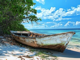 Canvas Print - Abandoned Boat on Tropical Beach - ai