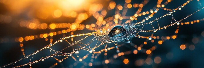 Detailed macro shot of dewcovered spider web glistening in the sunlight