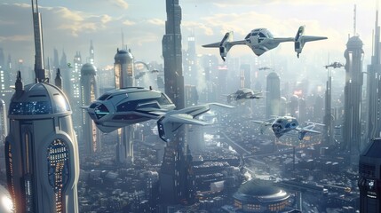 Canvas Print - Futuristic Cityscape with Flying Vehicles