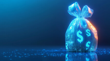 Futuristic finance concept: glowing polygonal bag of money on blue background. 