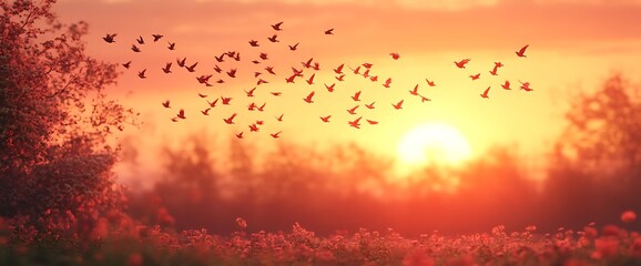 Wall Mural - birds flying over a field at sunset.