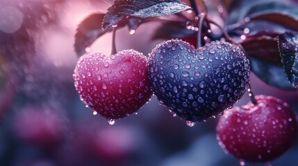 Wall Mural - Heart-shaped fruits adorned with raindrops in a dreamy setting.