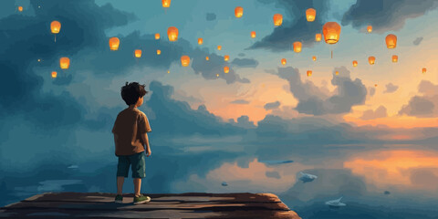 Landscape A young boy  with glowing sky lanterns floating in the sky digital vector illustration.