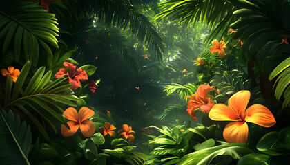 A lush jungle scene with vibrant green leaves and exotic flowers, bringing the warmth of the tropics to your screen