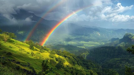 Poster - Double Rainbow Over Lush Mountain Valley