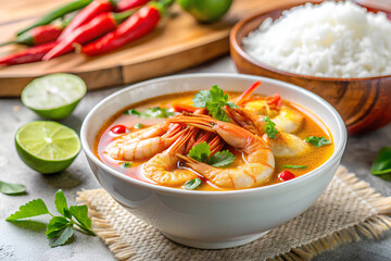 shrimp soup spicy sour soup or tom yum goong traditional food in thailand contains chili lime lemong