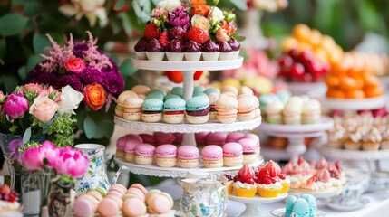 A beautifully arranged dessert table featuring colorful pastries and flowers for an event.