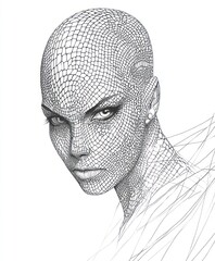 Wall Mural - A detailed line art portrait of a bald woman with striking features and an intricate design.