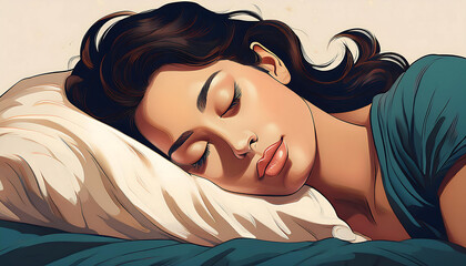 Wall Mural -  A peaceful illustration of a woman sleeping on a soft, comfortable pillow, with serene _1(72)