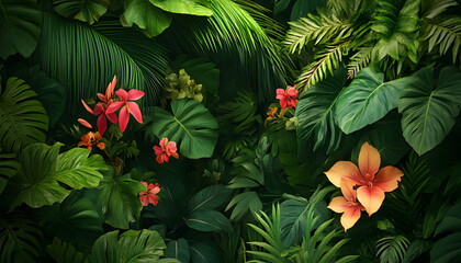 A lush jungle scene with vibrant green leaves and exotic flowers, bringing the warmth of the tropics to your screen