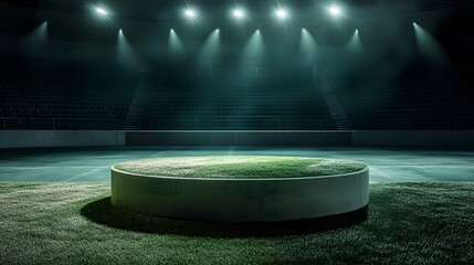 A circular stage with green grass and a concrete base illuminated by spotlights in a dark arena with stadium seating.