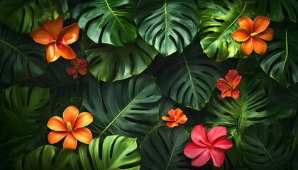 A lush jungle scene with vibrant green leaves and exotic flowers, bringing the warmth of the tropics to your screen