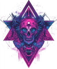 Wall Mural - A vibrant skull illustration with a geometric design and weapon motifs.