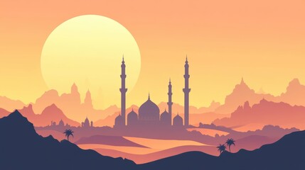 Flat background design featuring a silhouette of a desert landscape with a mosque