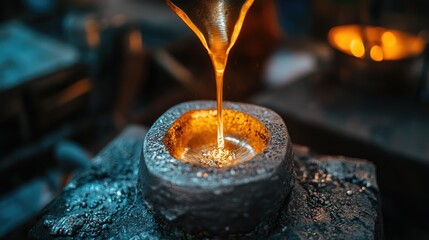 A close-up of silver casting in a jewelry workshop, with molten silver being poured into a mold for a new custom piece