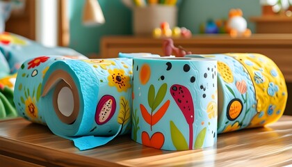 Whimsical close-up of colorful toilet paper in a vibrant childrens room, celebrating fun hygiene and playful decor elements