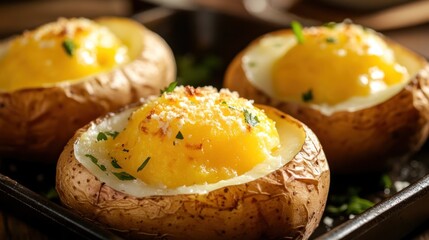 Baked potatoes topped with creamy yellow filling and herbs, served on a black plate.