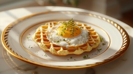 Wall Mural - White plate topped with a fried egg and waffles on top