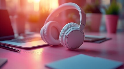 White headphones on a pink desk next to a laptop.